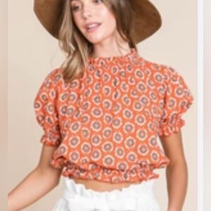 Bucket List Boho Crop Top Small Orange Floral Puff Sleeve Smocked Ruffle